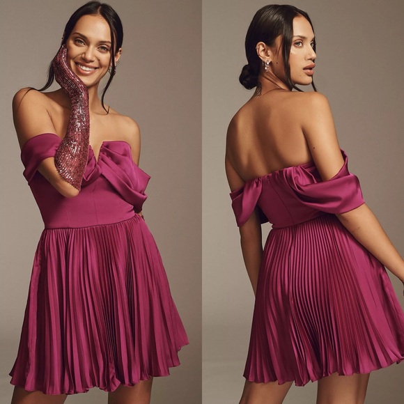 NWT Amur Tilly Pleated Satin Off Shoulder Dress Anthropologie BHLDN - Picture 4 of 12